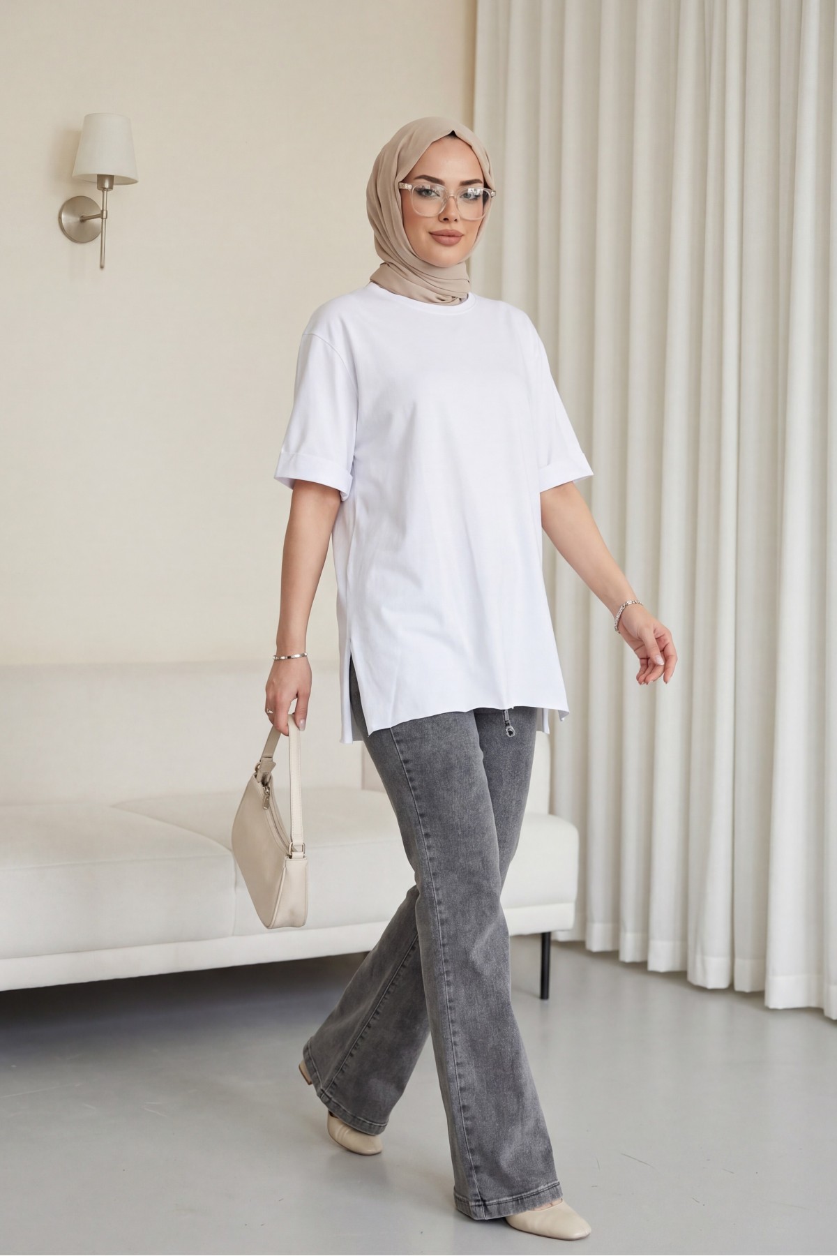 Crew Neck, Slit, Fold-Up Sleeve Cotton T-Shirt-White