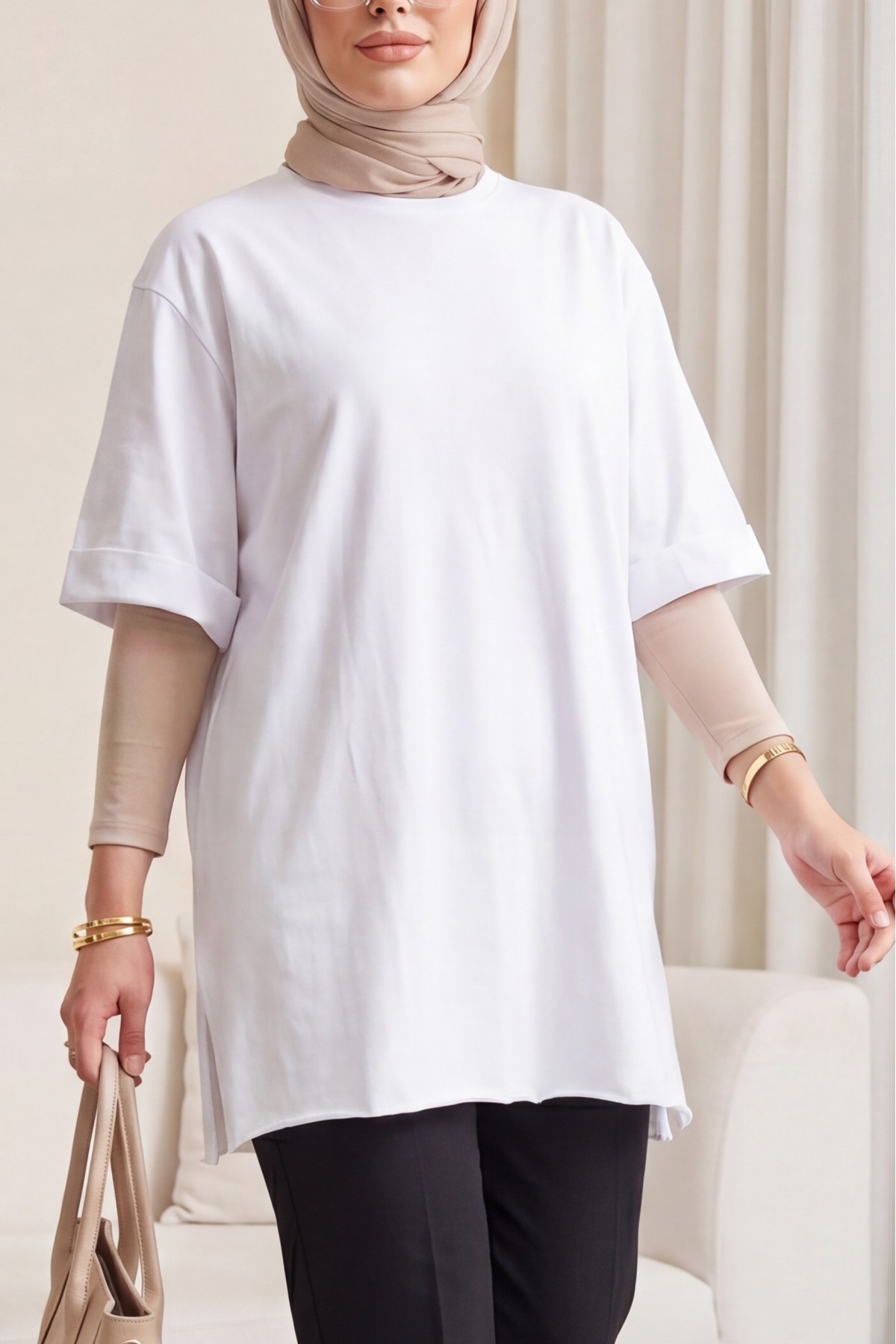 Crew Neck, Slit, Fold-Up Sleeve Cotton T-Shirt-White