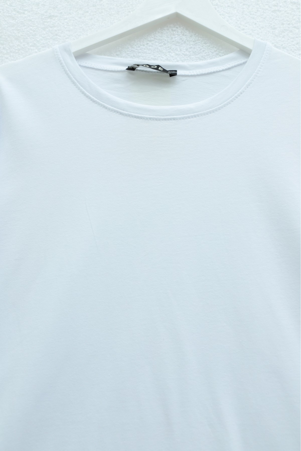 Crew Neck, Slit, Fold-Up Sleeve Cotton T-Shirt-White