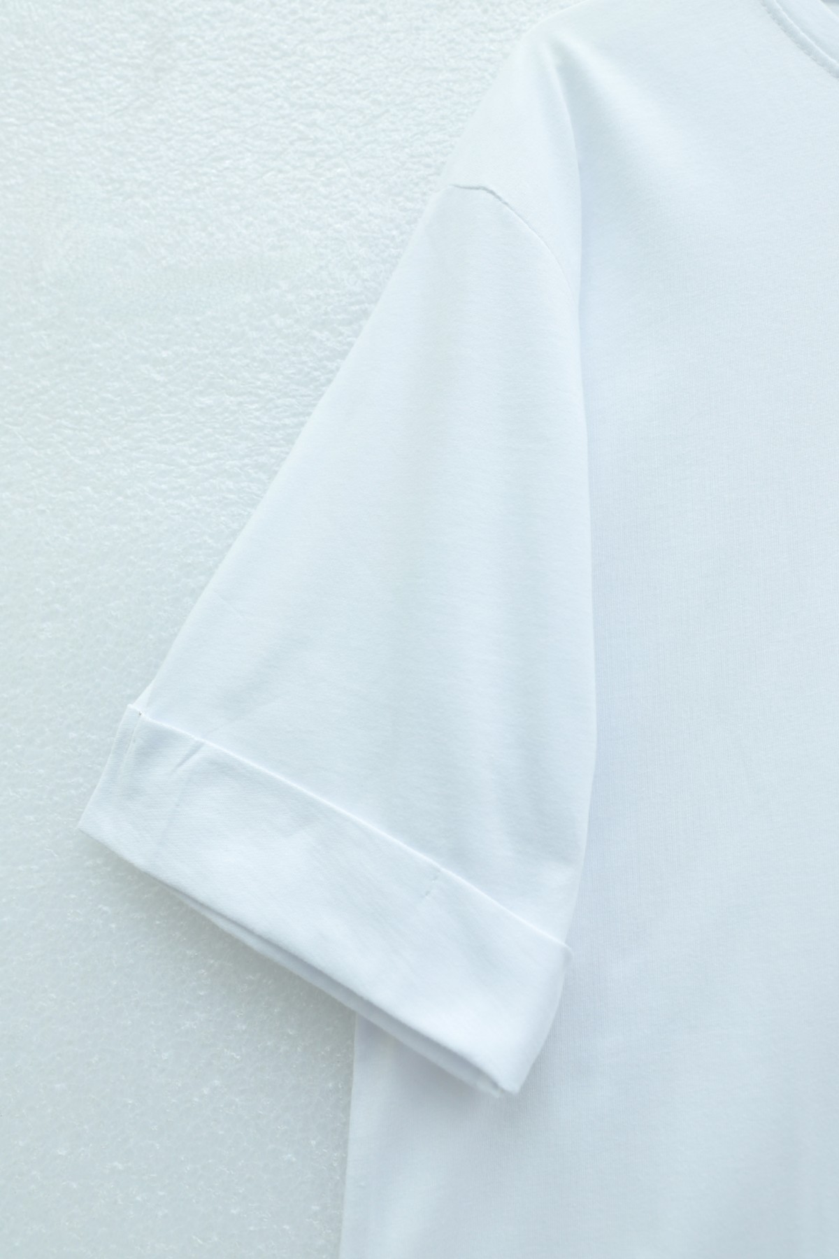 Crew Neck, Slit, Fold-Up Sleeve Cotton T-Shirt-White