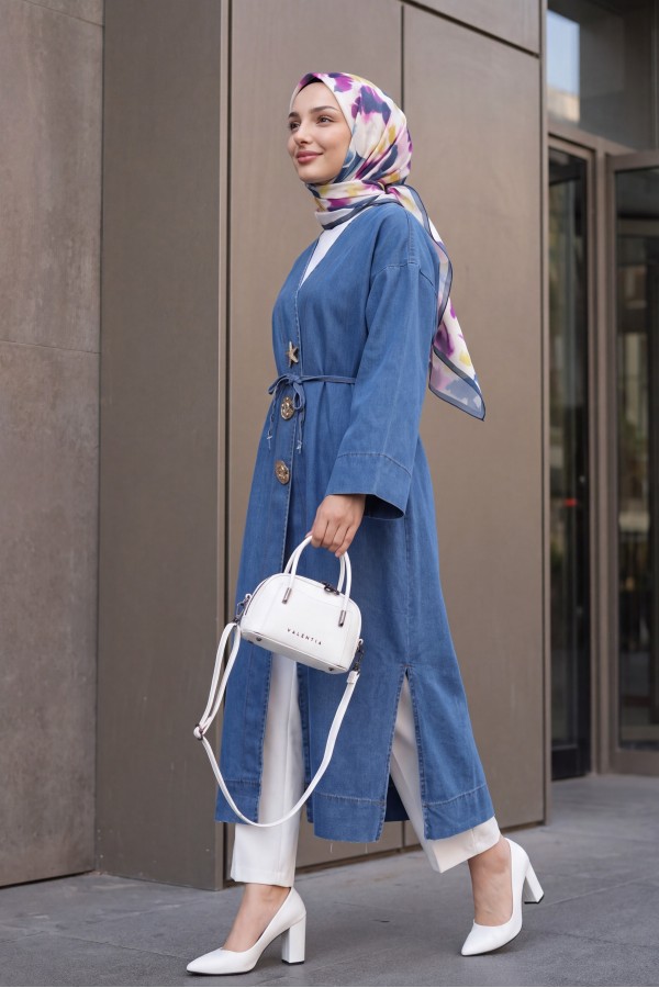 Long Denim Kimono with Belt, Brooch, and Slit -Blue