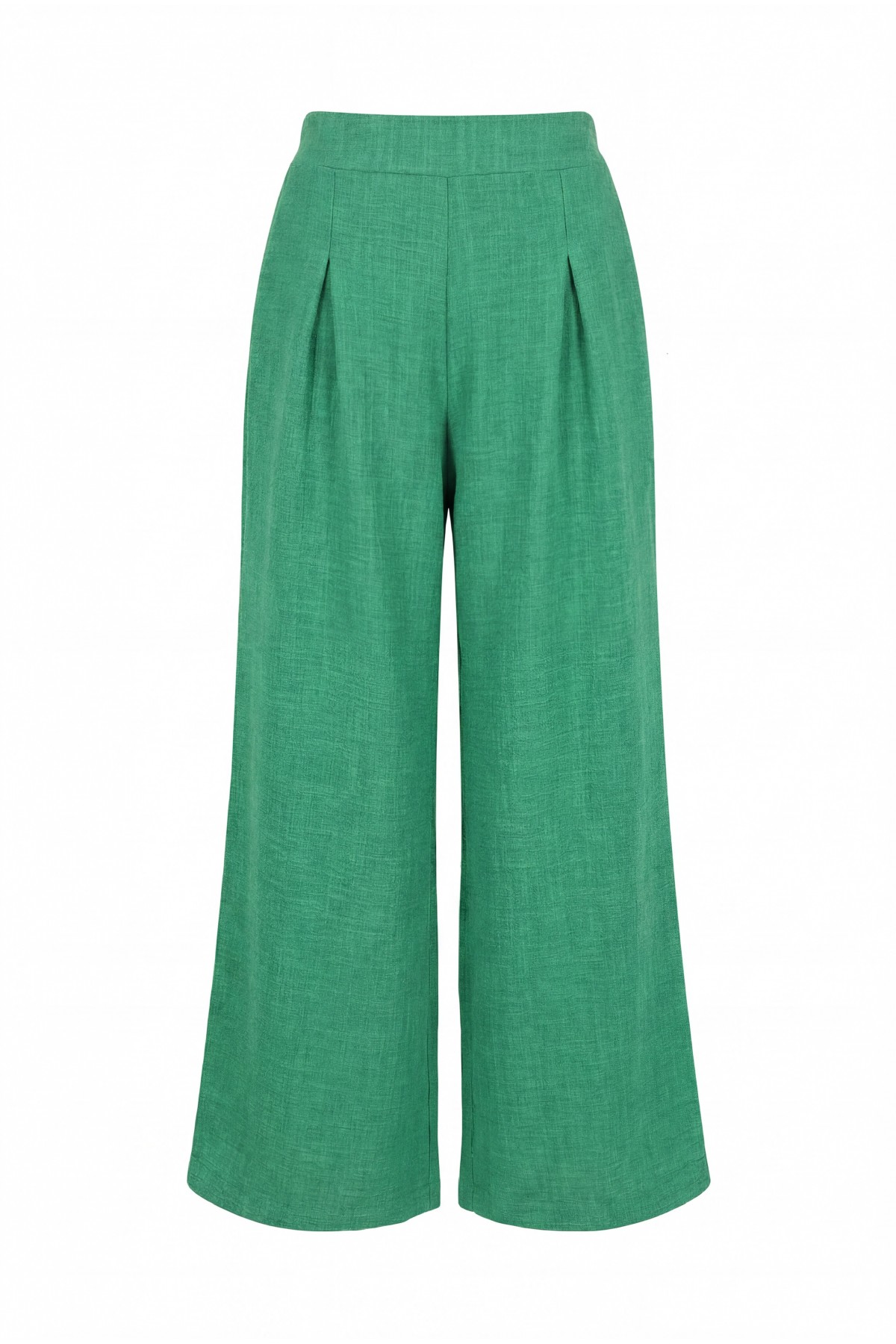 Wide-leg pleated linen-look trousers with elasticated waist. -LIGHT GREEN
