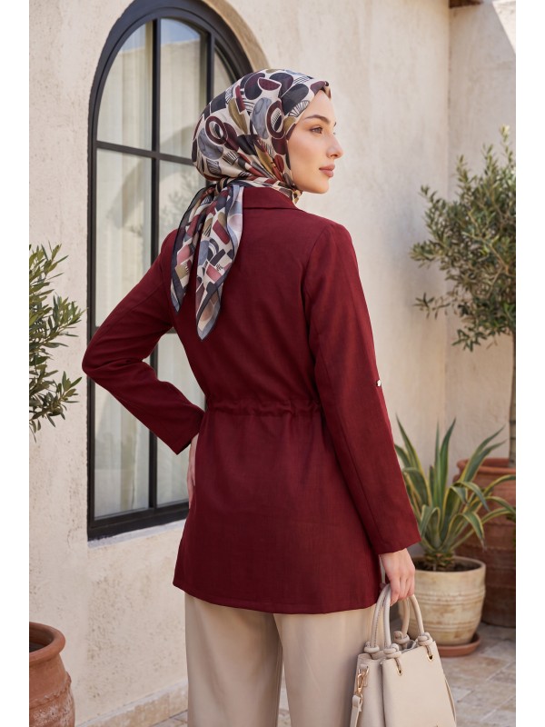 Tünel Bağcıklı Cep Detaylı Keten Görünümlü Kimono -Bordo