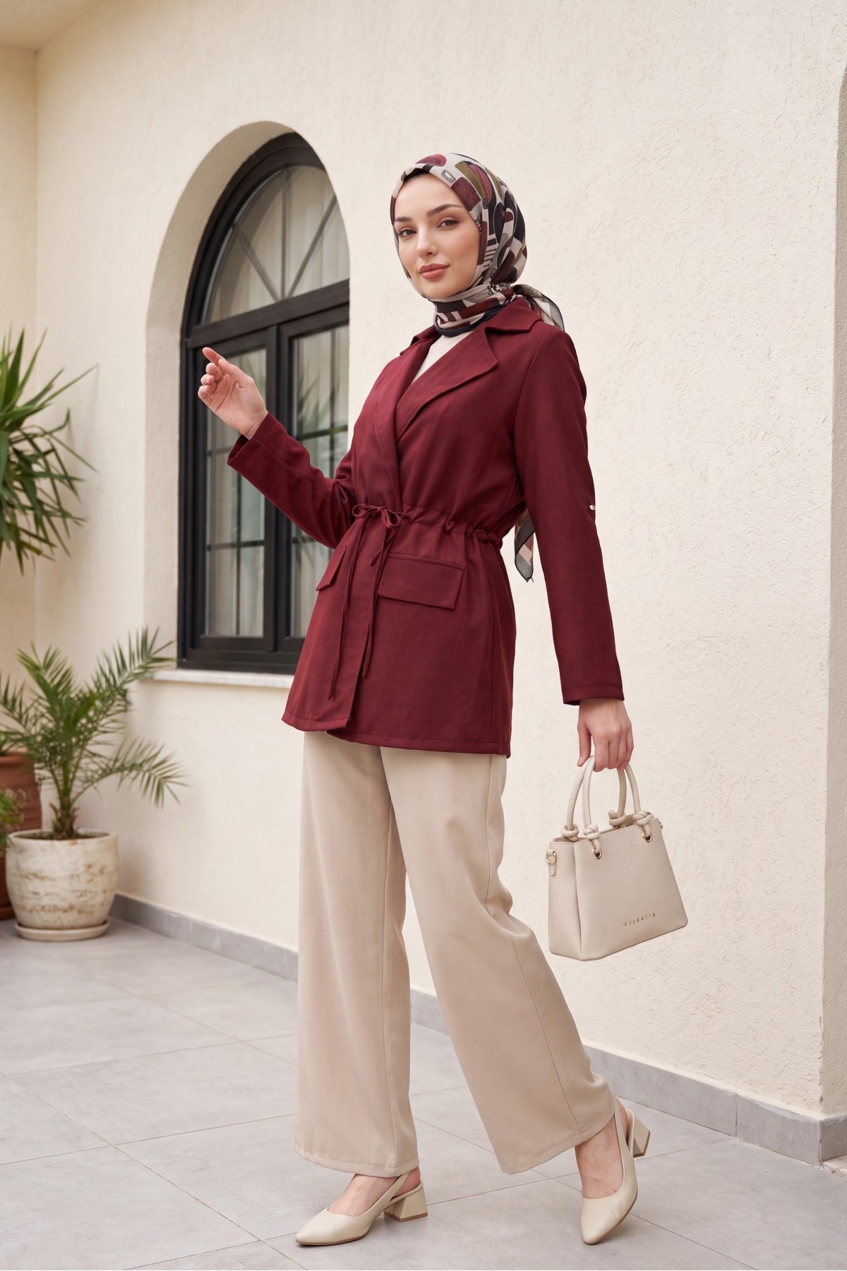 Tünel Bağcıklı Cep Detaylı Keten Görünümlü Kimono -Bordo