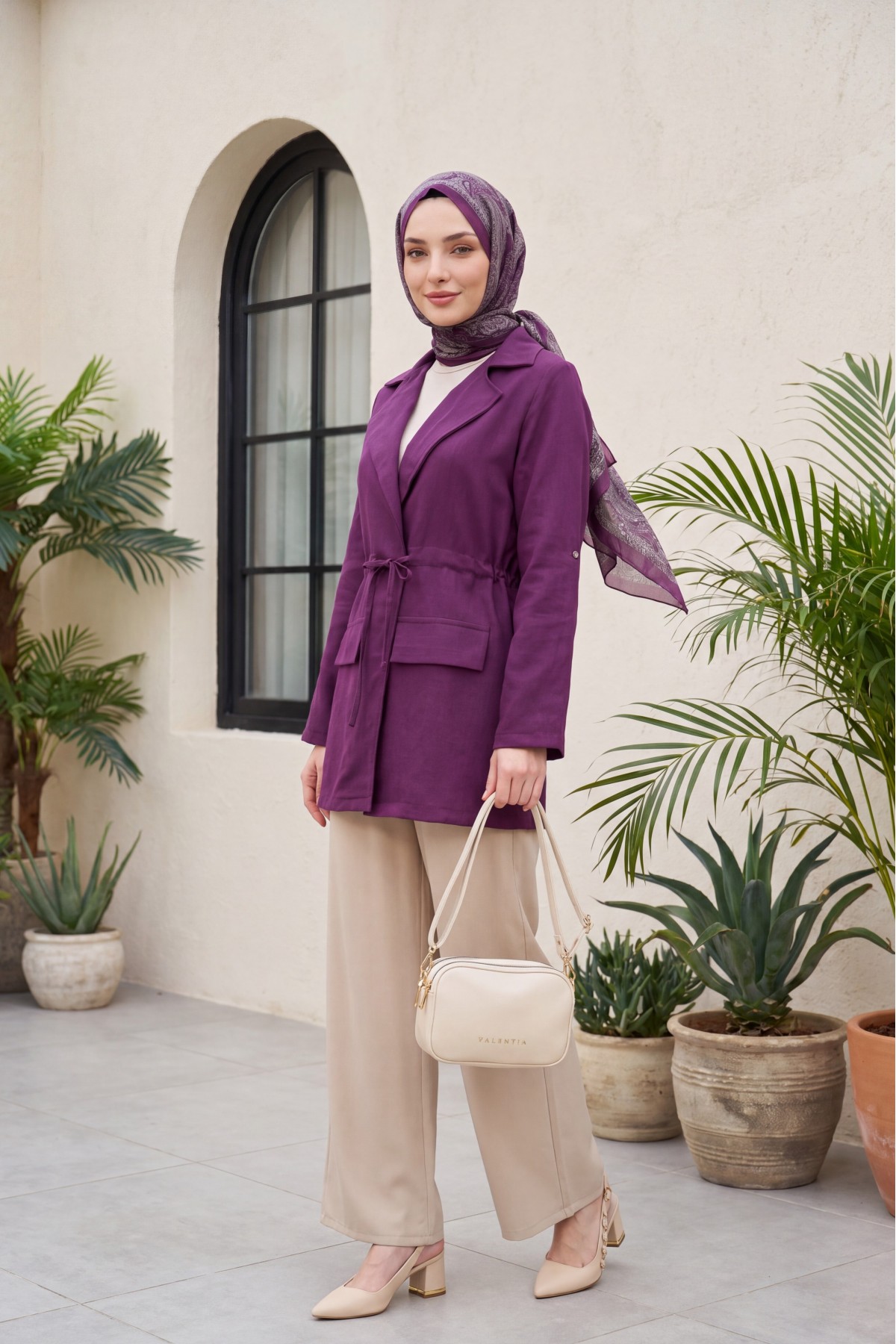 Linen-look kimono with tunnel lace-up detail and pockets. -Damson