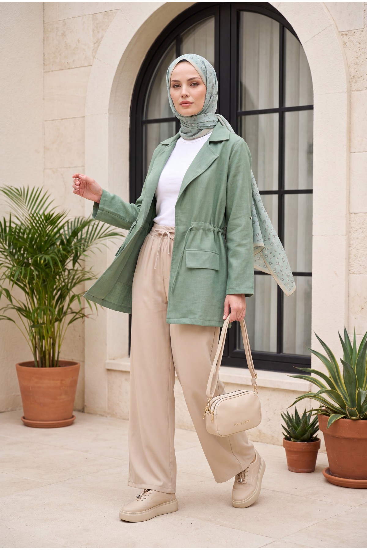 Linen-look kimono with tunnel lace-up detail and pockets. -Mint Color