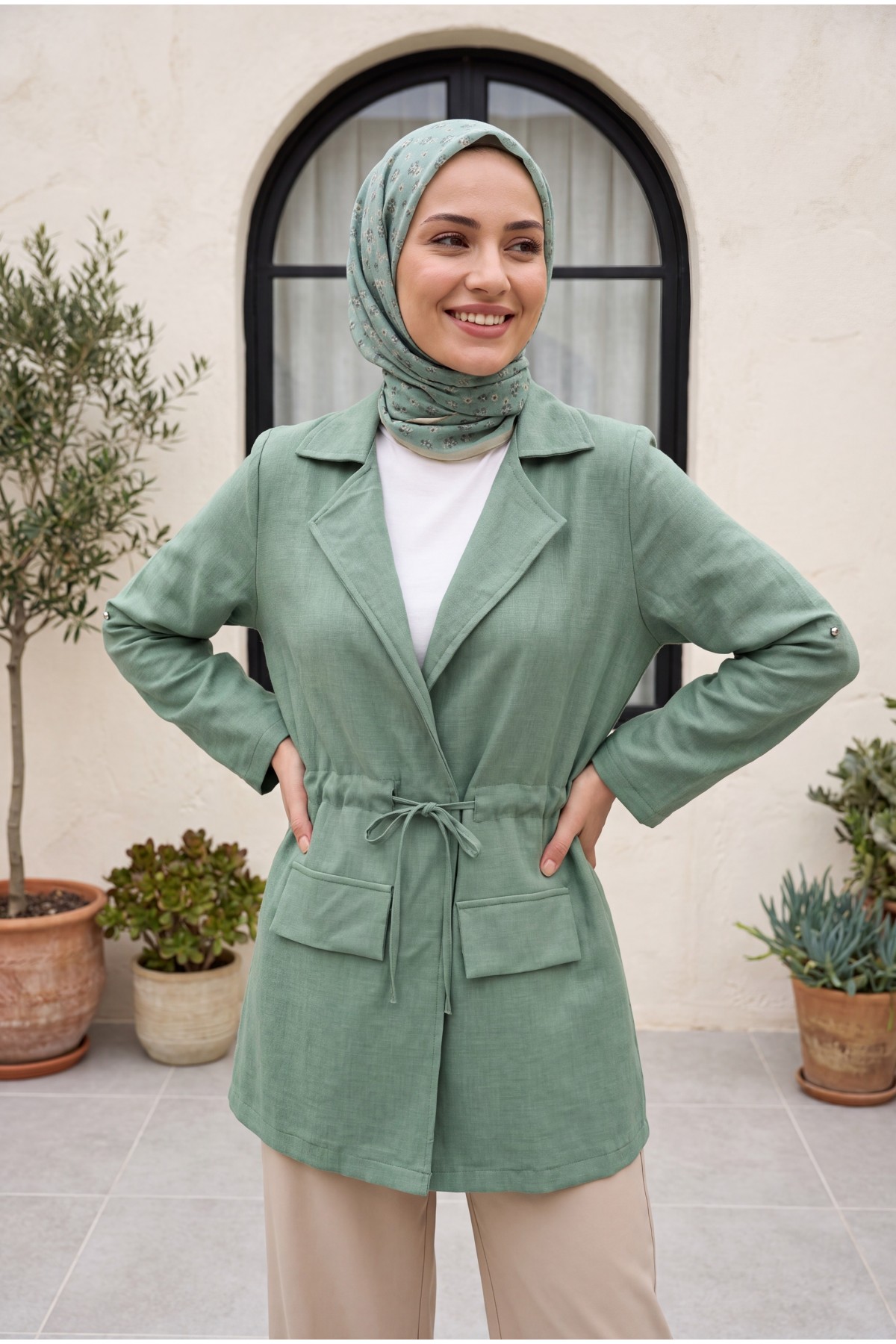 Linen-look kimono with tunnel lace-up detail and pockets. -Mint Color
