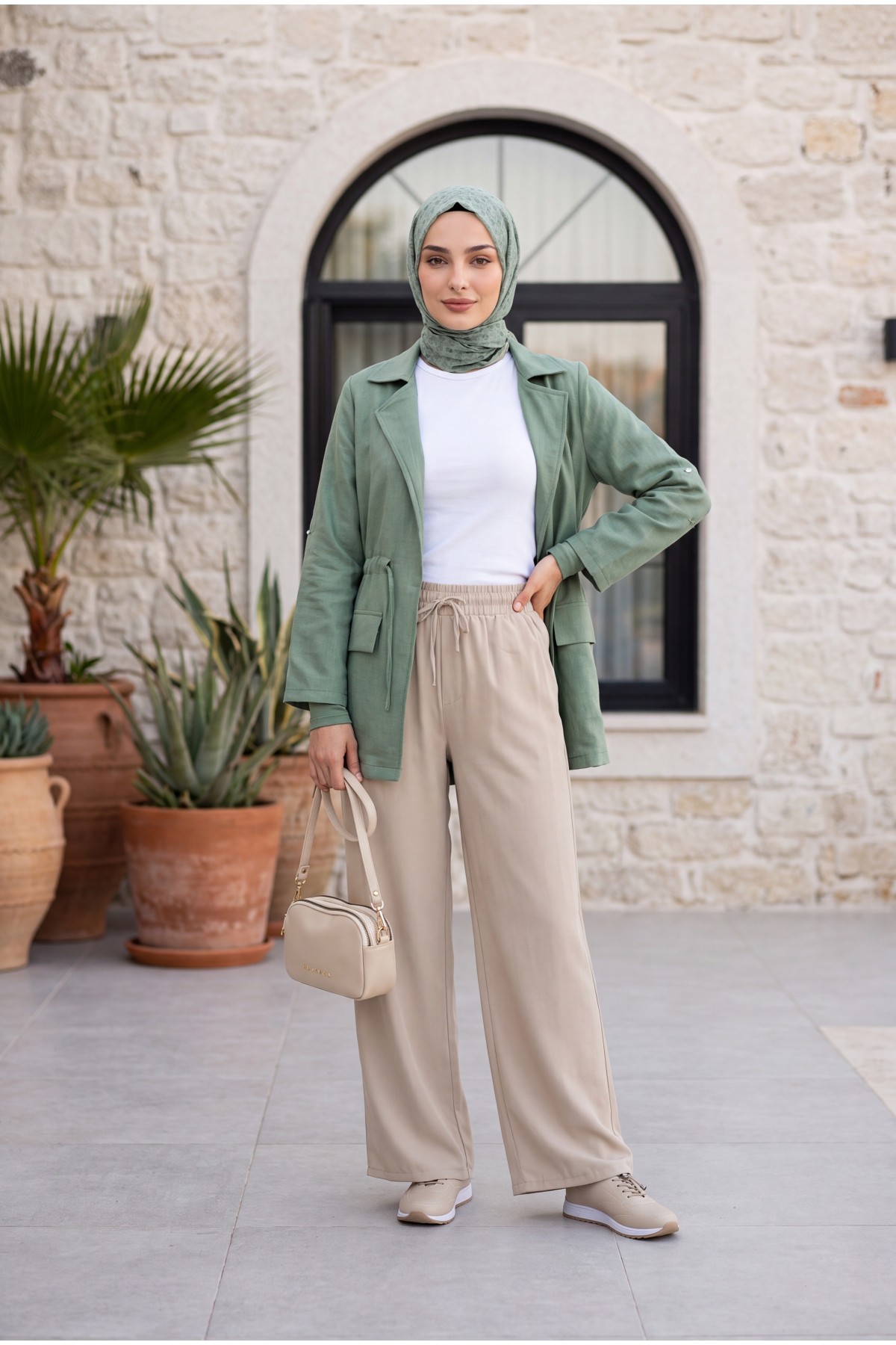Linen-look kimono with tunnel lace-up detail and pockets. -Mint Color