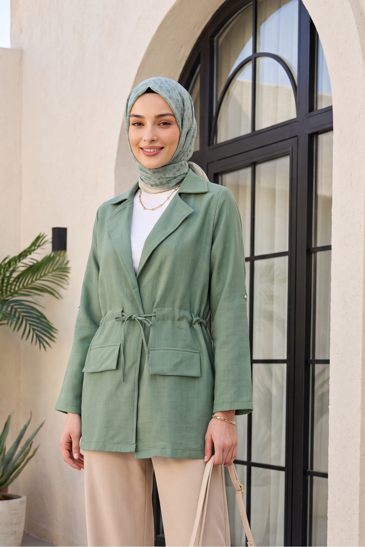 Linen-look kimono with tunnel lace-up detail and pockets. -Mint Color
