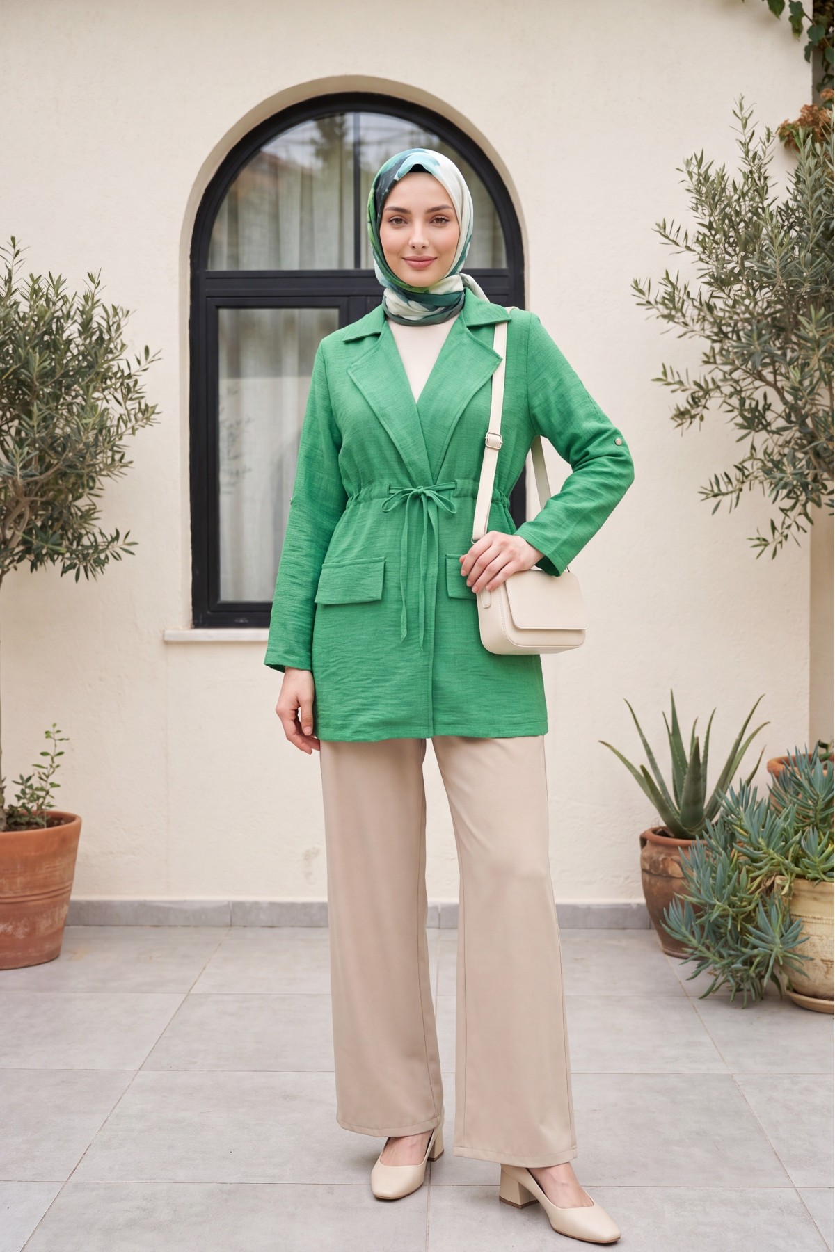 Tünel Bağcıklı Cep Detaylı Keten Görünümlü Kimono -Acık Yeşil