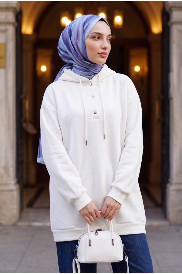 Snap Collar Hooded Raised Three Thread Sweater     -White