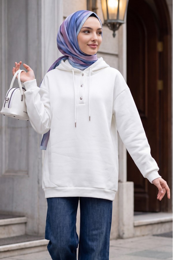 Snap Collar Hooded Raised Three Thread Sweater     -White