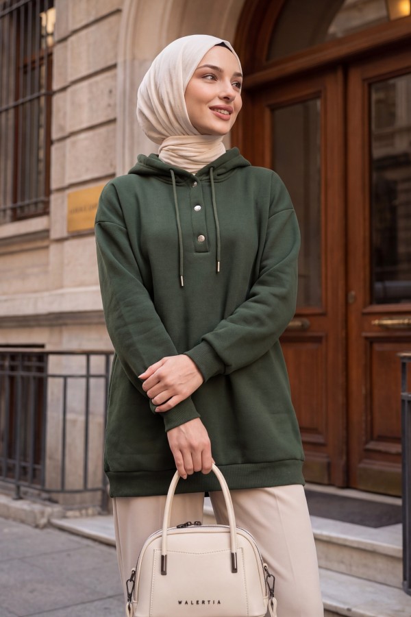 Snap Collar Hooded Raised Three Thread Sweater    -Khaki