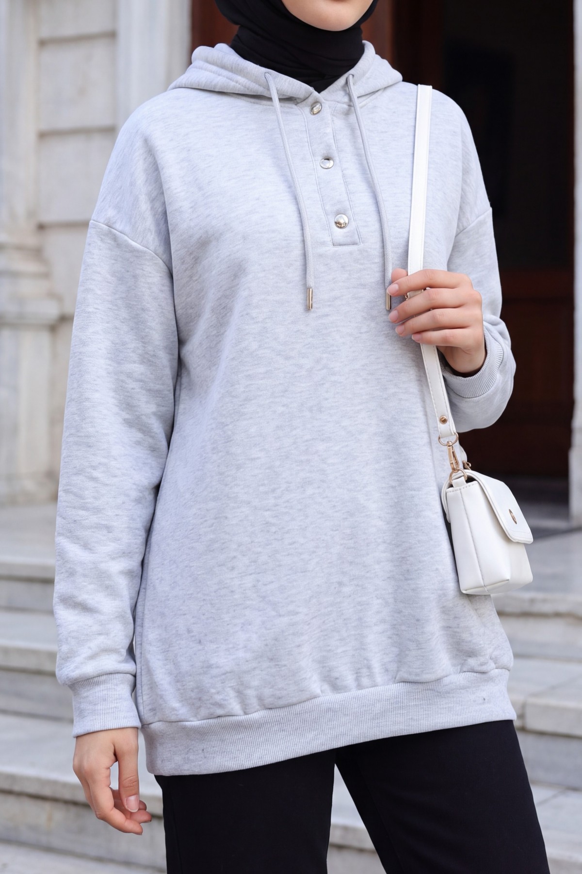 Snap Collar Hooded Raised Three Thread Sweater - Light grey