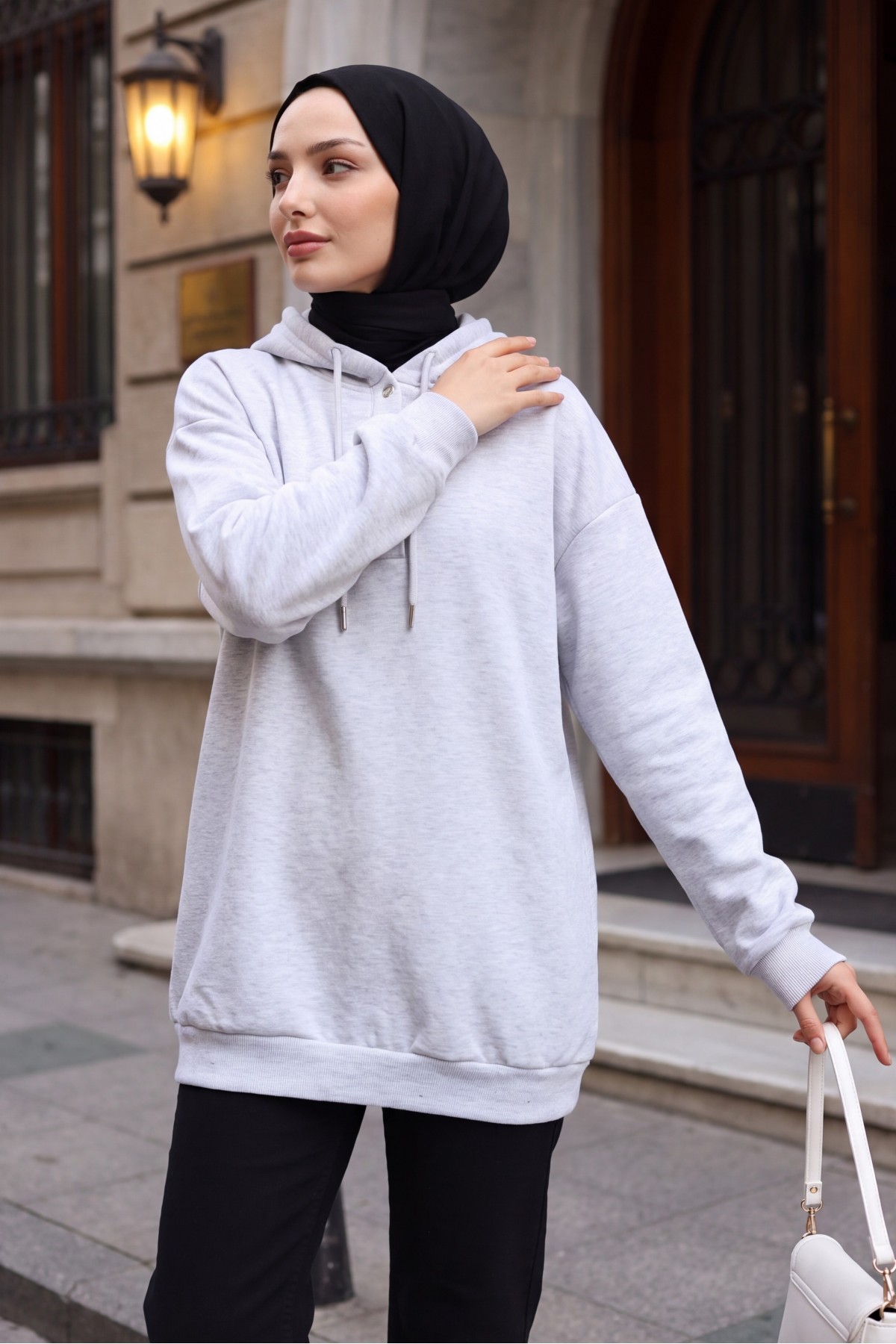 Snap Collar Hooded Raised Three Thread Sweater - Light grey