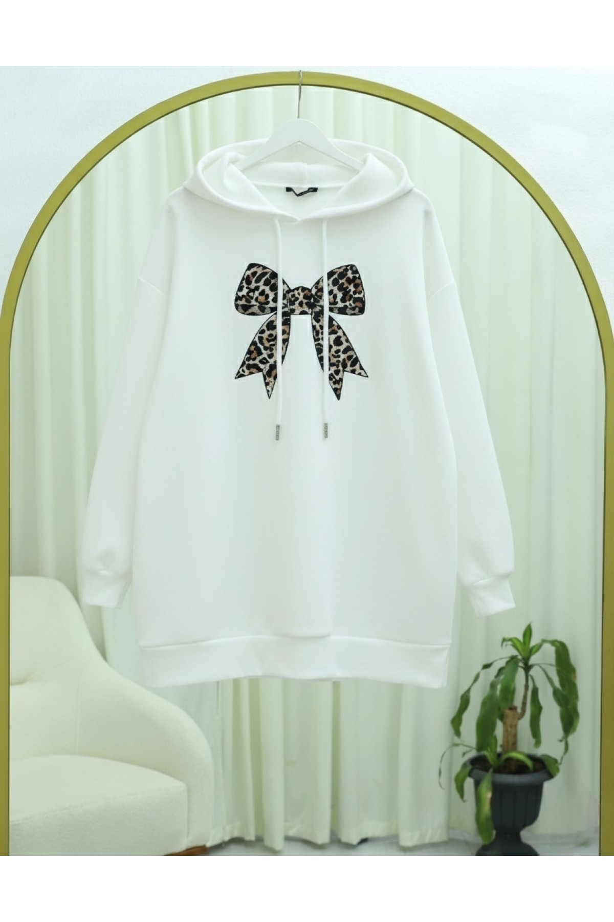 Fiyonk Detaylı Kapşonlu Penye Sweat -Beyaz