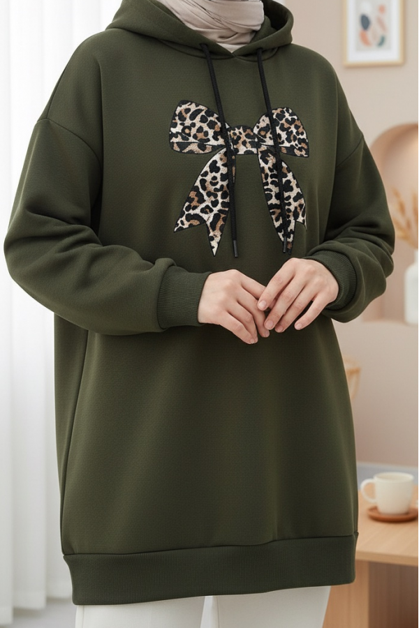 Fiyonk Detaylı Kapşonlu Penye Sweat -Haki