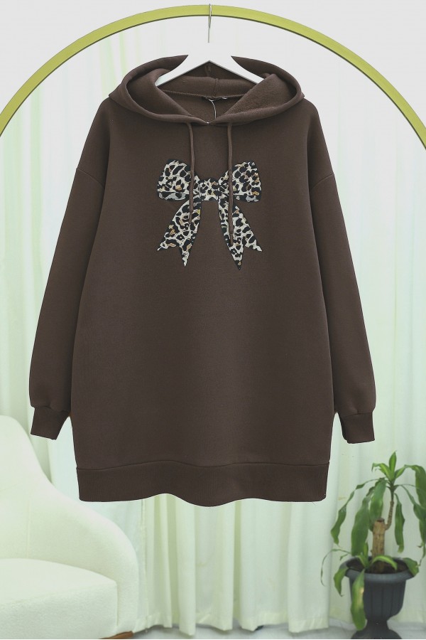 Fiyonk Detaylı Kapşonlu Penye Sweat  -Kahve