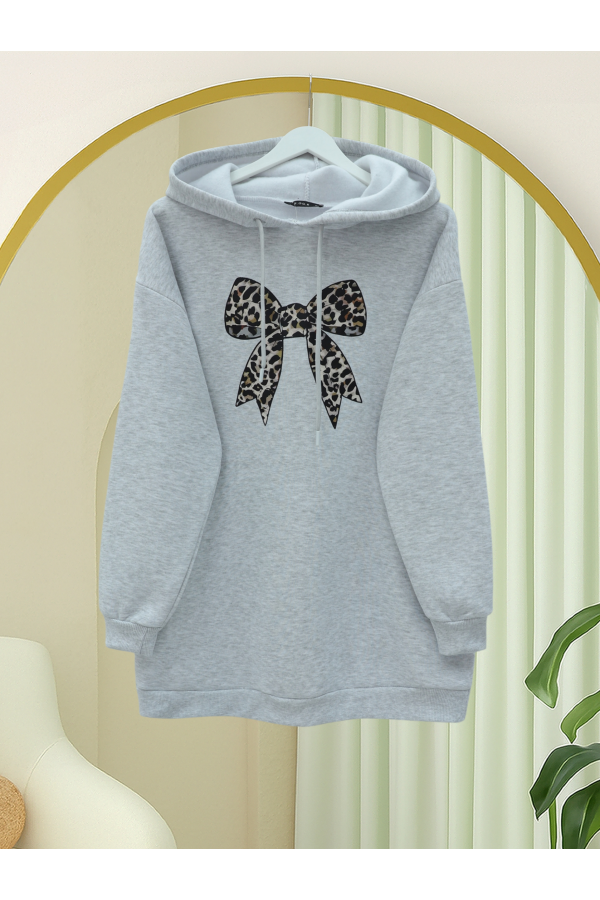 Fiyonk Detaylı Kapşonlu Penye Sweat  -Açık Gri