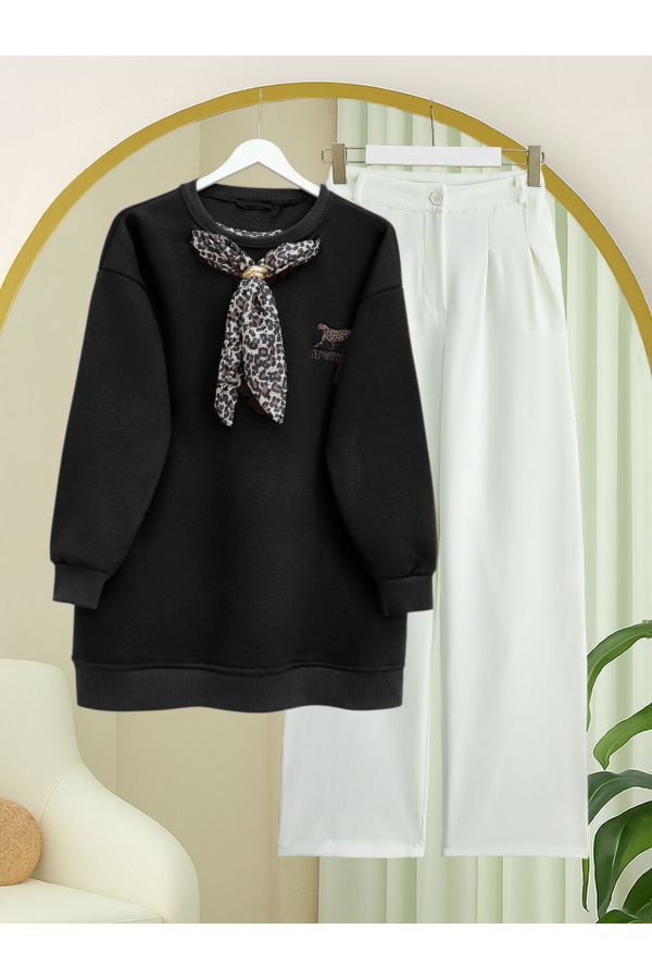Fularlı Leopar Armalı 3 İplik Sweat -Siyah