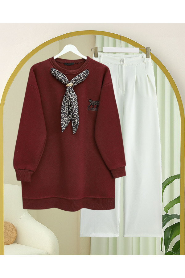 Fularlı Leopar Armalı 3 İplik Sweat -Bordo