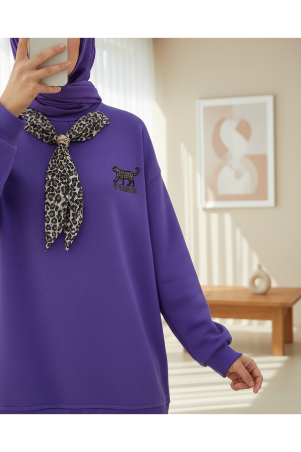Fularlı Leopar Armalı 3 İplik Sweat  -Mor