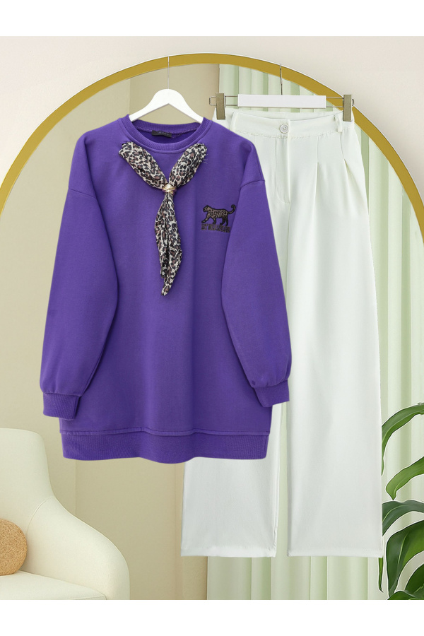 Fularlı Leopar Armalı 3 İplik Sweat  -Mor