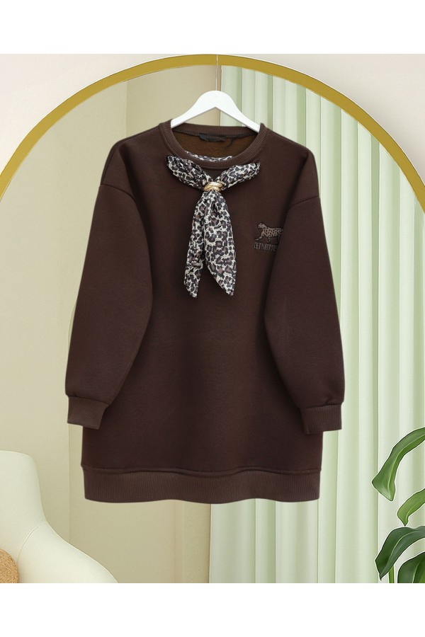 Fularlı Leopar Armalı 3 İplik Sweat -K. Kahve