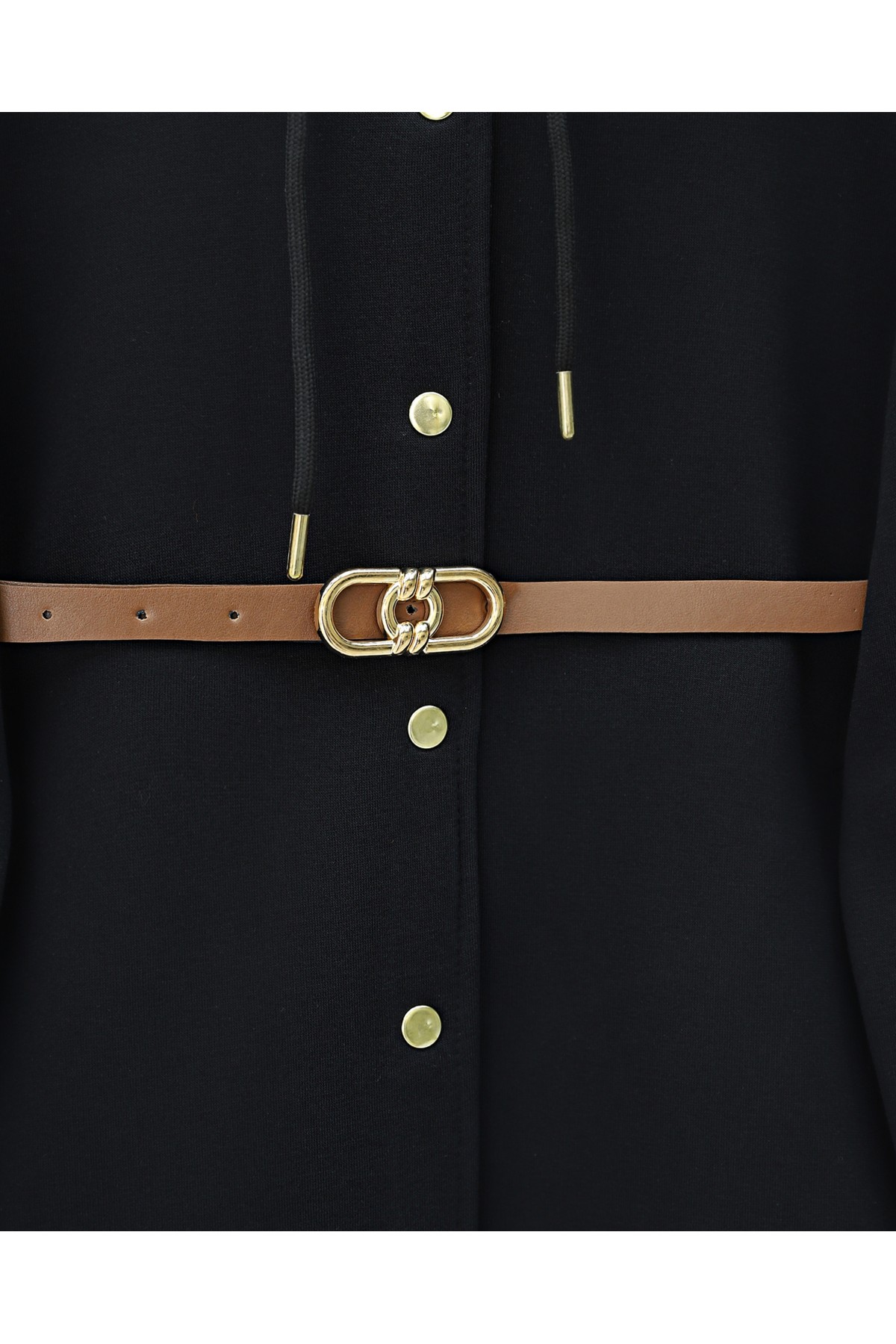 Hooded, Snap-Front, Belted, Three-Thread Sweatshirt -Black