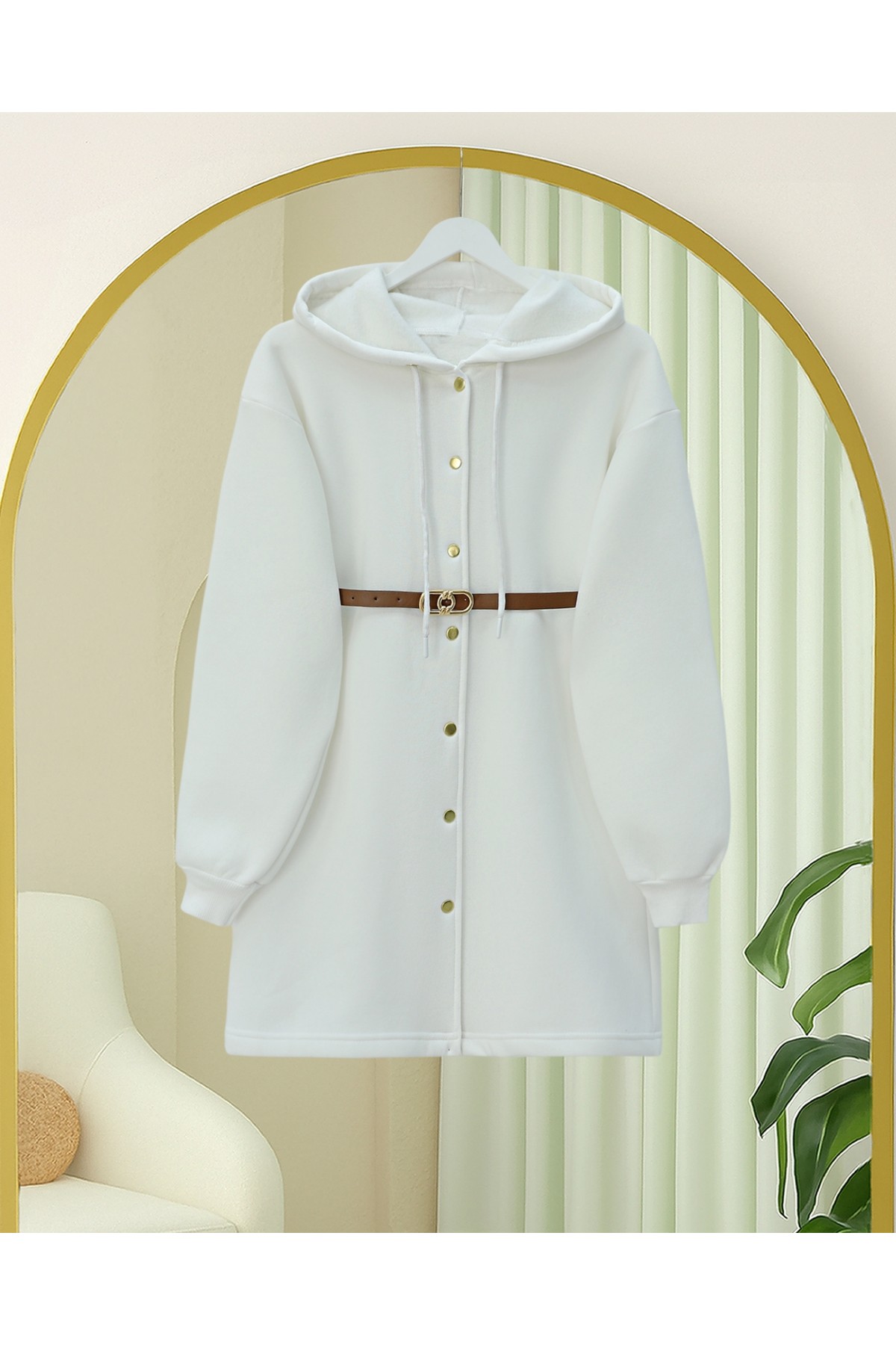 Hooded, Snap-Front, Belted, Three-Thread Sweatshirt -White