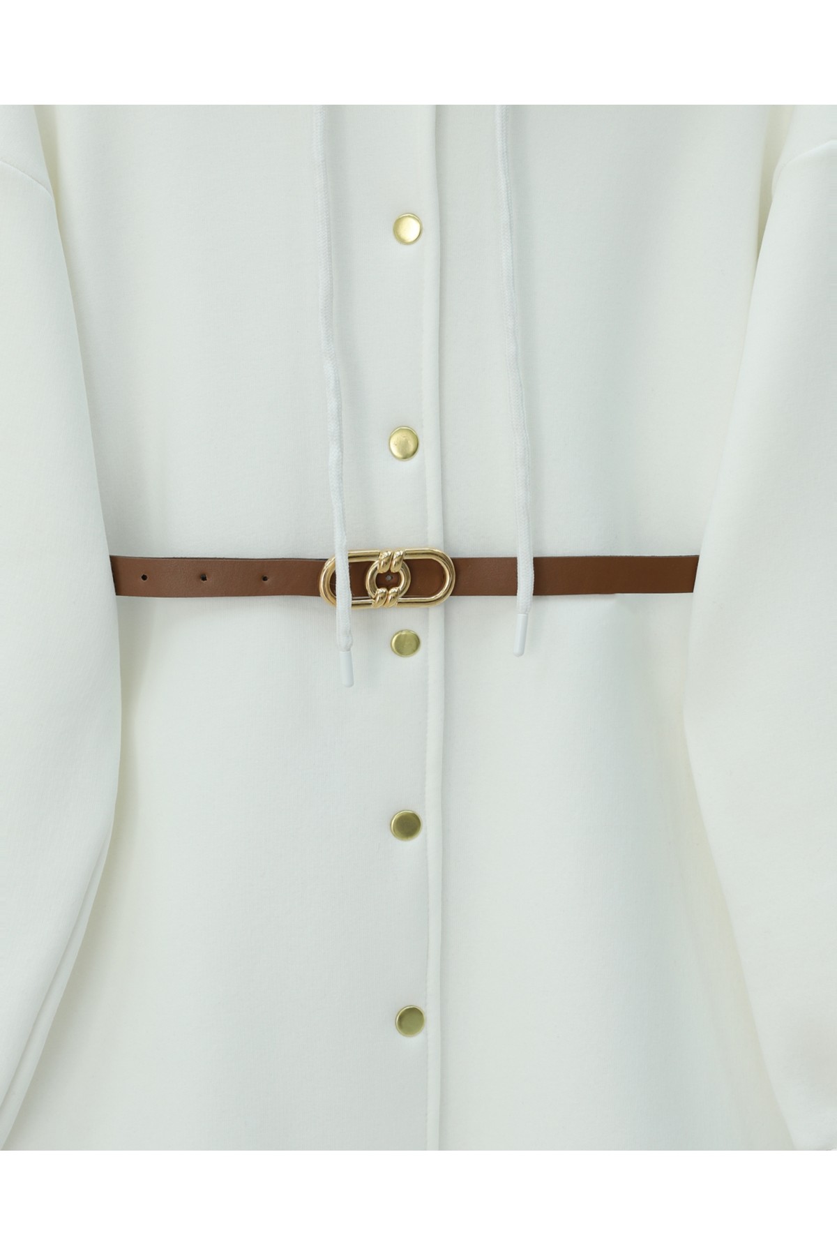 Hooded, Snap-Front, Belted, Three-Thread Sweatshirt -White