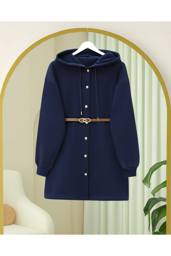 Kapşonlu Önü Çıtçıtlı Beli Kemerli Üç İplik Sweat Kap -Laci