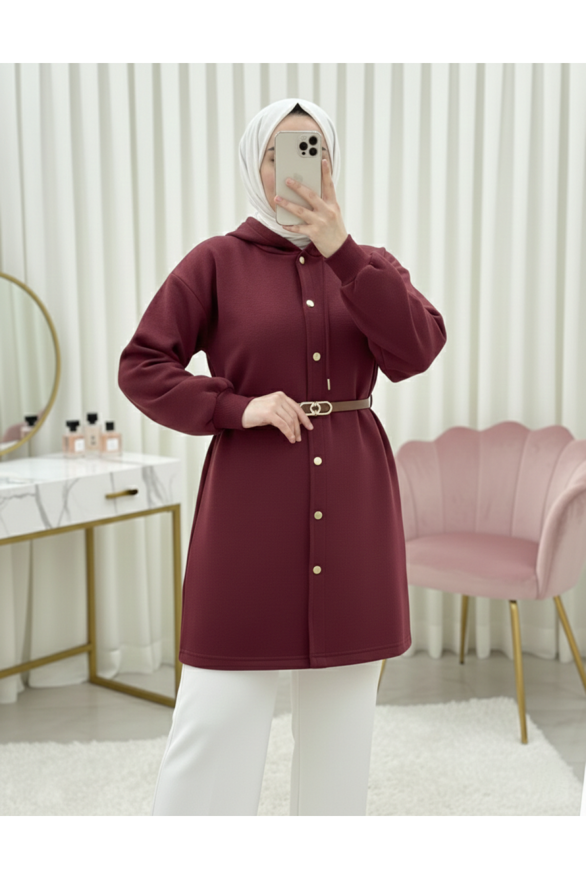 Hooded, Snap-Front, Belted, Three-Thread Sweatshirt -Maroon