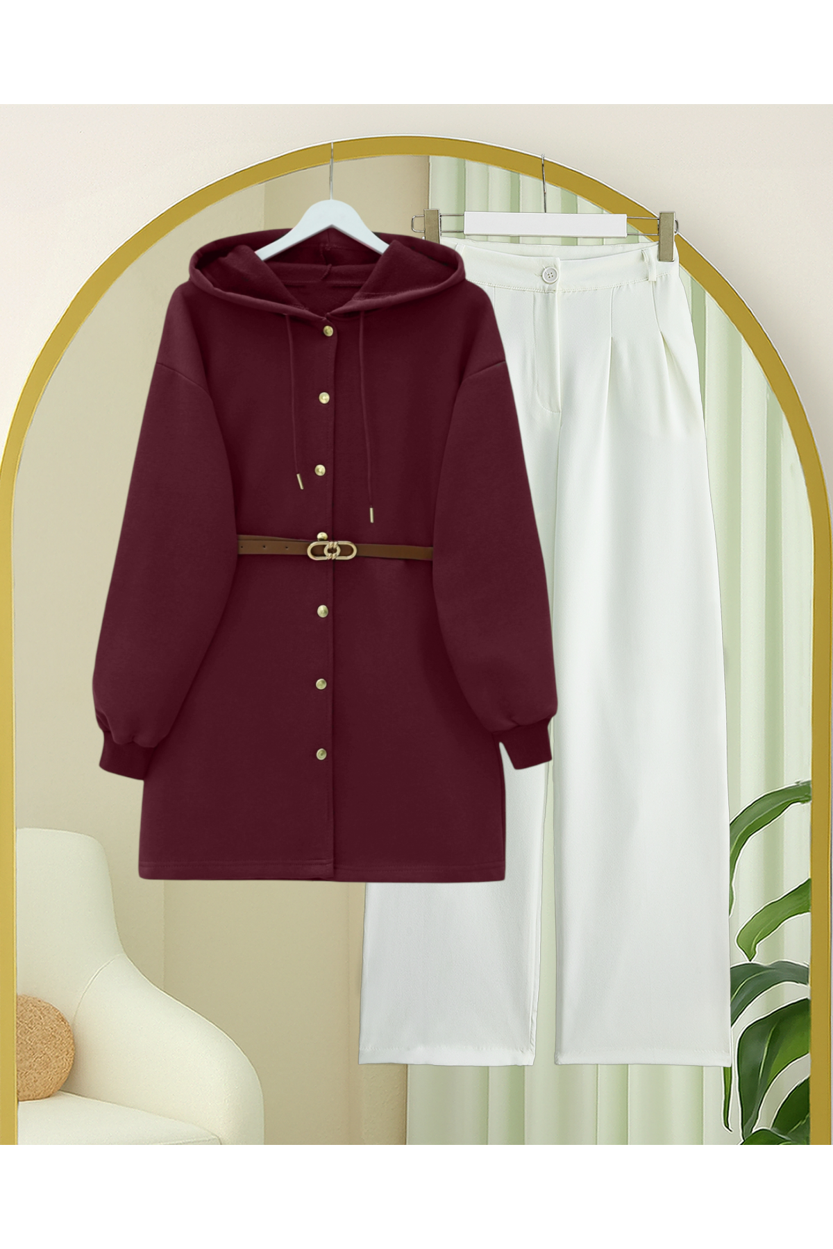 Hooded, Snap-Front, Belted, Three-Thread Sweatshirt -Maroon