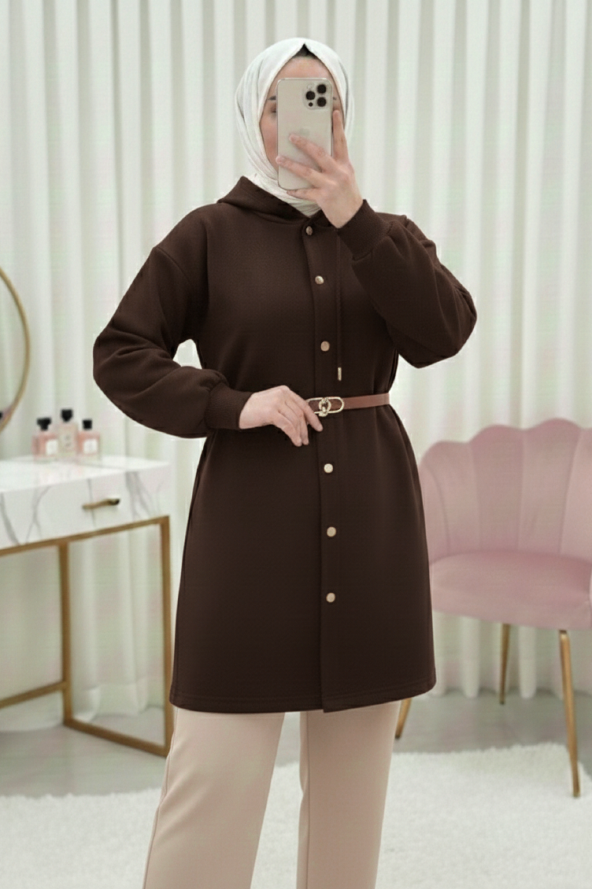 Hooded, Snap-Front, Belted, Three-Thread Sweatshirt -Brown