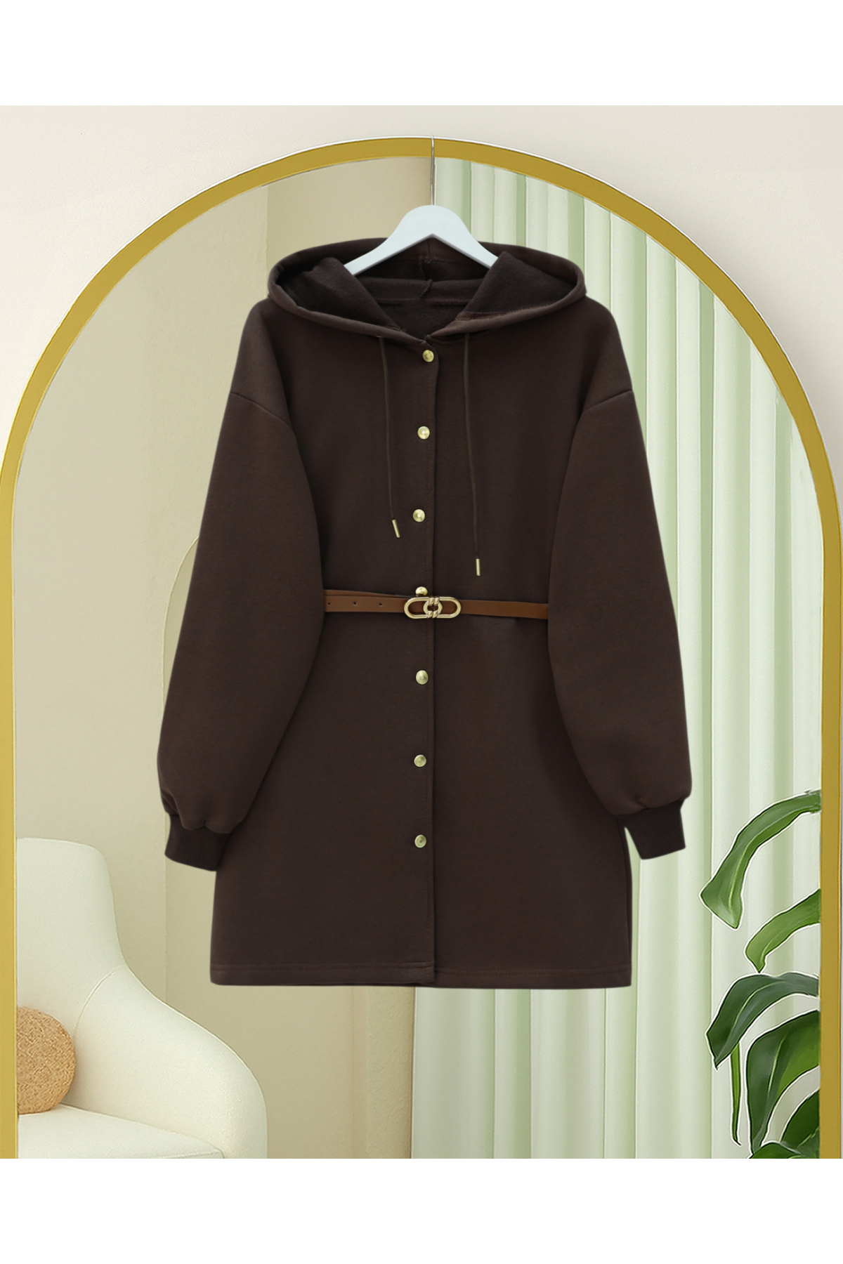 Hooded, Snap-Front, Belted, Three-Thread Sweatshirt -Brown
