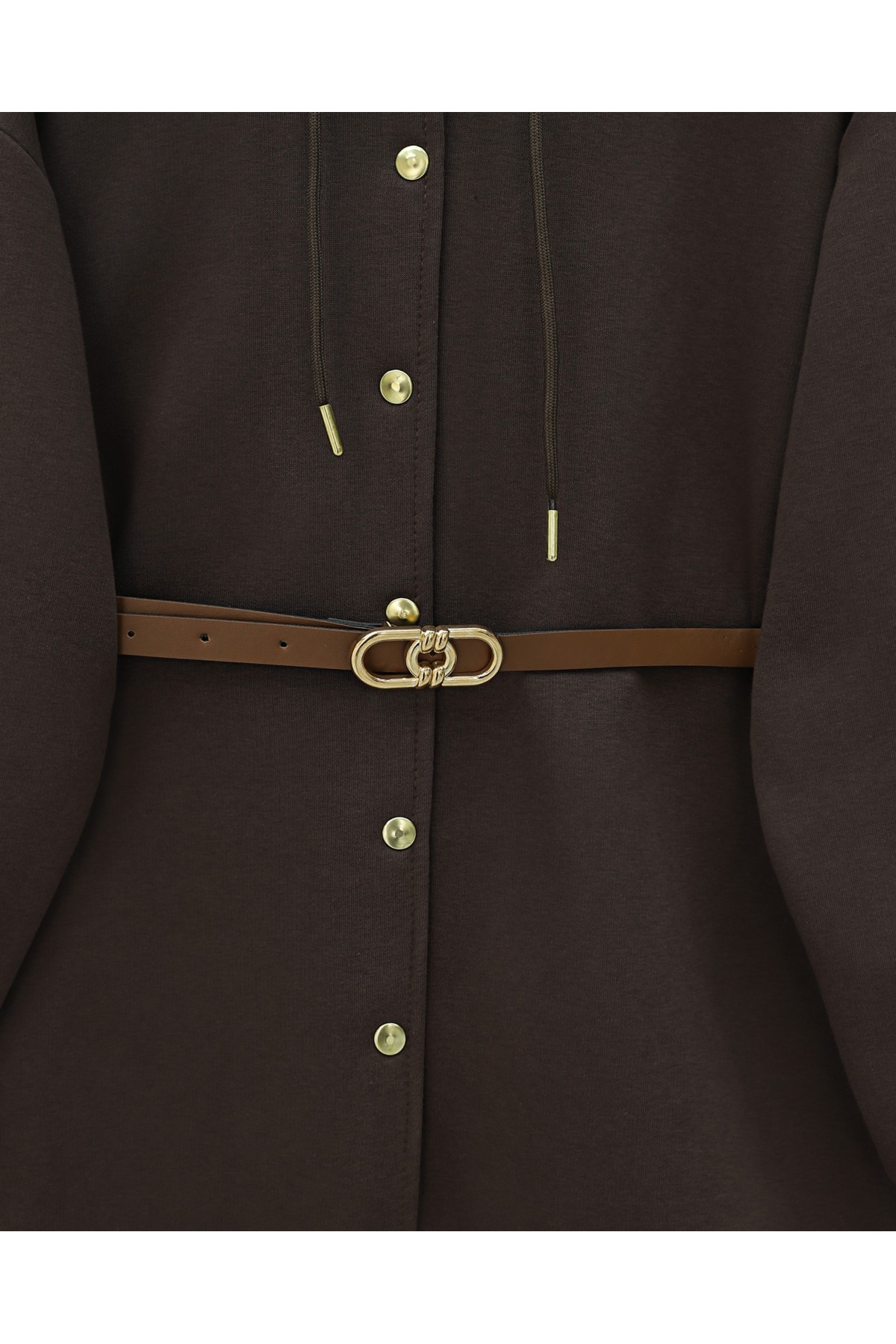 Hooded, Snap-Front, Belted, Three-Thread Sweatshirt -Brown