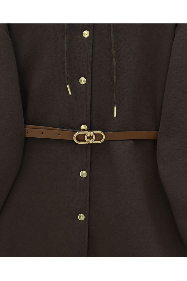 Kapşonlu Önü Çıtçıtlı Beli Kemerli Üç İplik Sweat Kap -Kahve