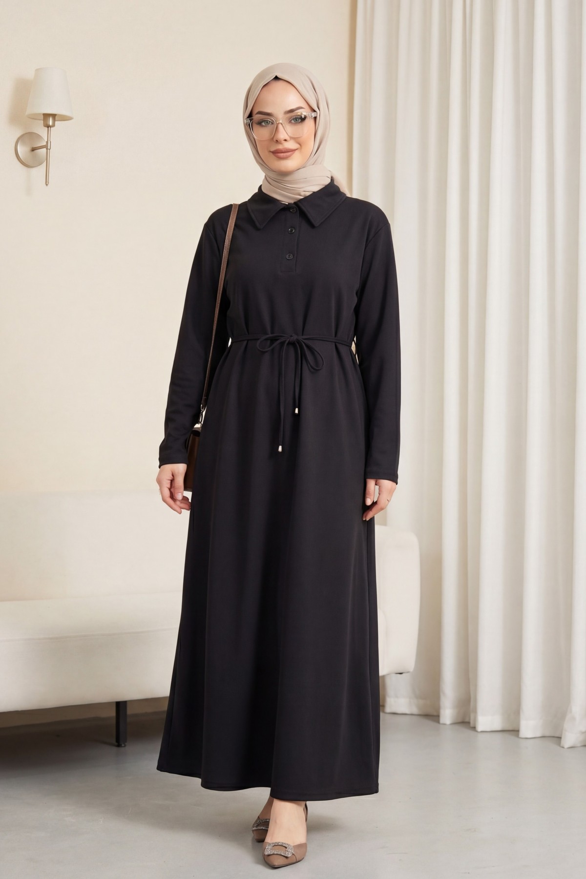 Yakalı  Düğmeli Beli Bağlamalı Penye Elbise  -Siyah