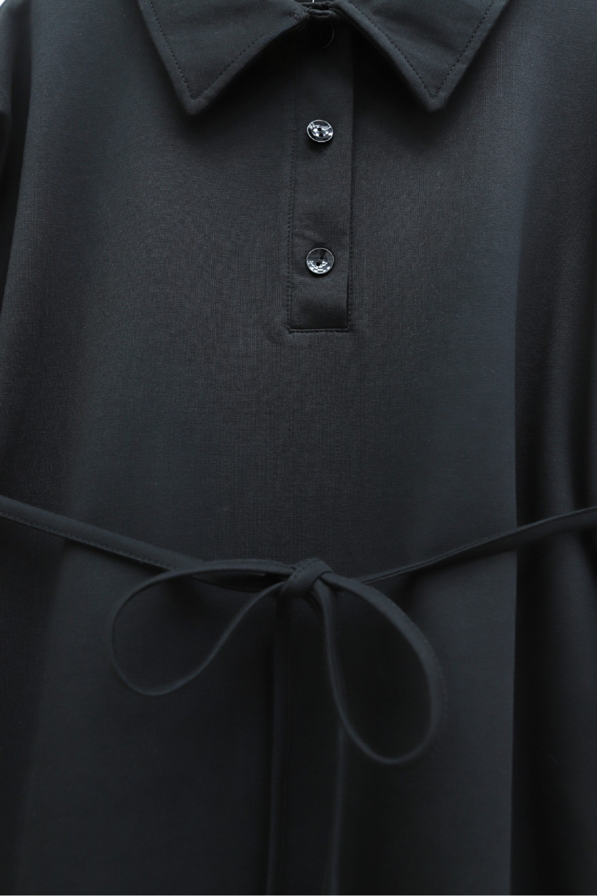 Yakalı  Düğmeli Beli Bağlamalı Penye Elbise  -Siyah