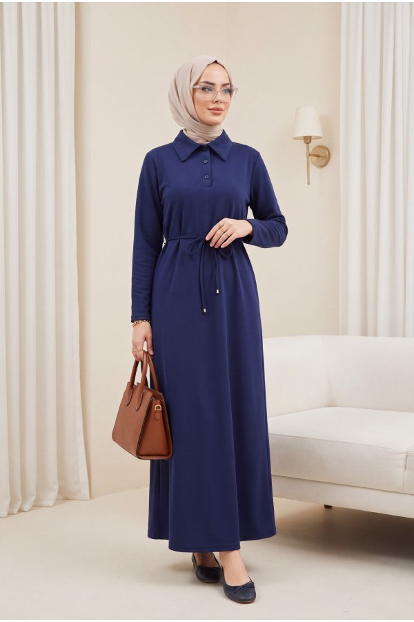 فستان قطني بياقة وأزرار ورباط عند الخصر -كحلي