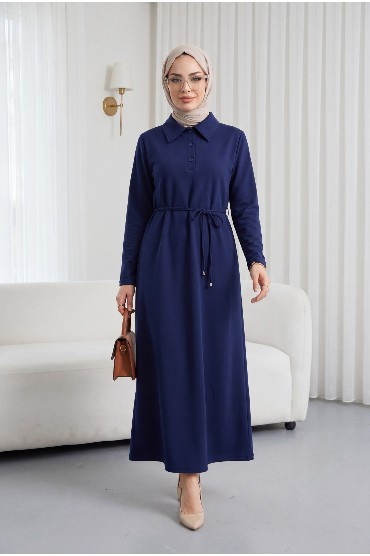 Yakalı  Düğmeli Beli Bağlamalı Penye Elbise  -Laci