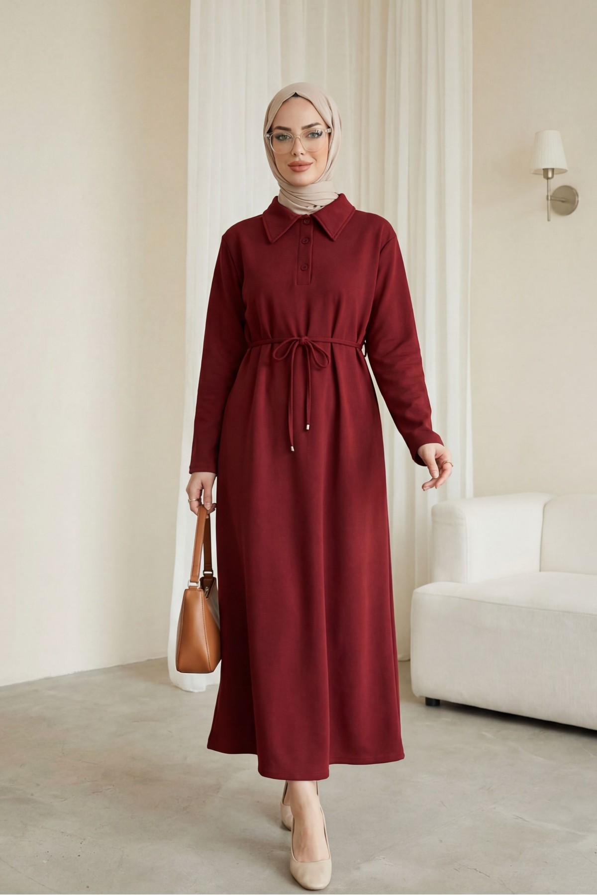 Yakalı  Düğmeli Beli Bağlamalı Penye Elbise  -Bordo