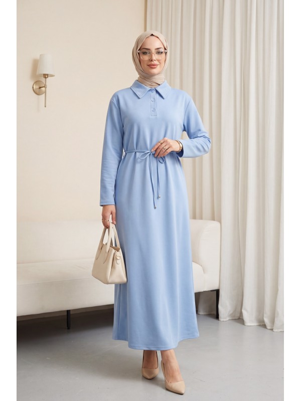 Yakalı  Düğmeli Beli Bağlamalı Penye Elbise  -Açık Mavi