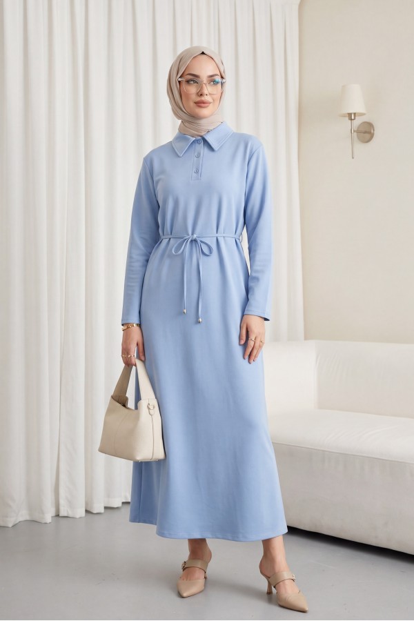 فستان قطني بياقة وأزرار ورباط عند الخصر -أزرق فاتح