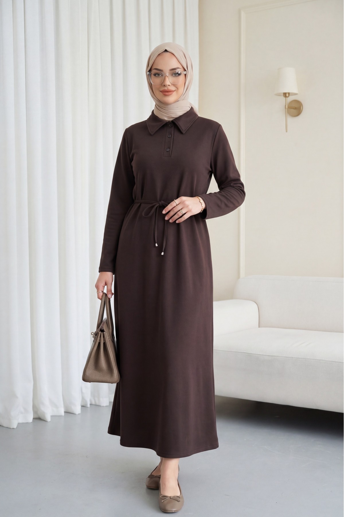 Yakalı  Düğmeli Beli Bağlamalı Penye Elbise  -K. Kahve