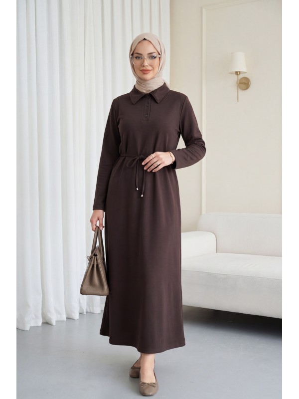 Collared, Buttoned, Tie-Waist Cotton Dress -Dark Coffee