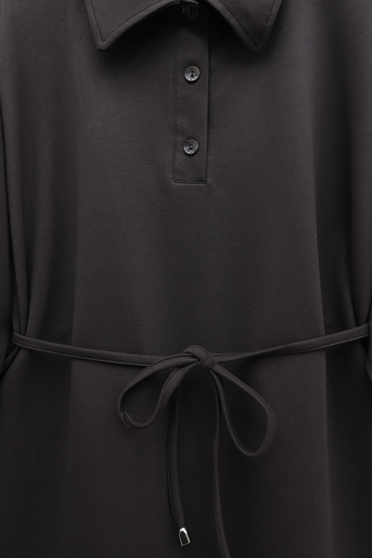 Yakalı  Düğmeli Beli Bağlamalı Penye Elbise  -K. Kahve