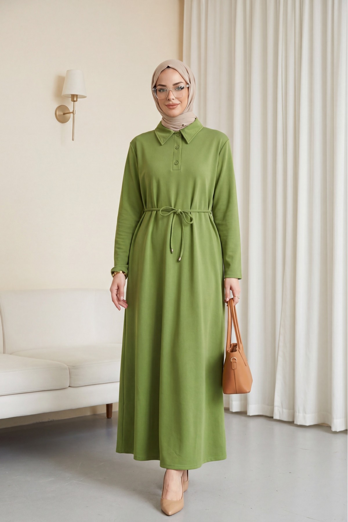 Yakalı  Düğmeli Beli Bağlamalı Penye Elbise  -Çağla Y.