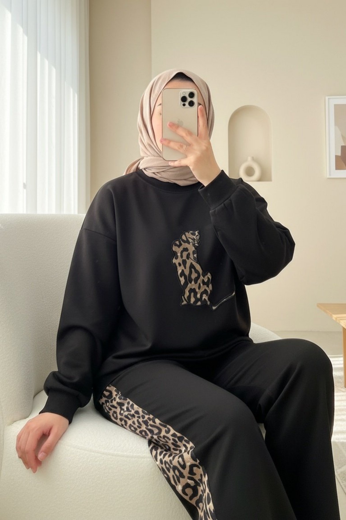 Leopar Figürlü Ve Desenli Pantolonlu Scuba Takım -Siyah